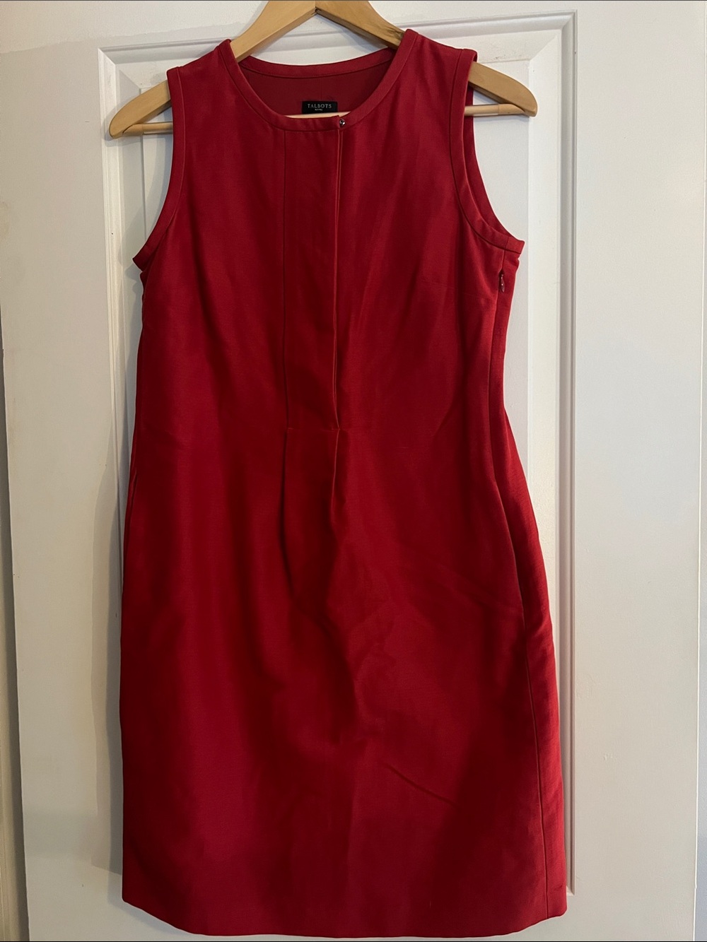 Talbots Sleeveless Red Midi Sheath Dress with Front Seam, side pockets